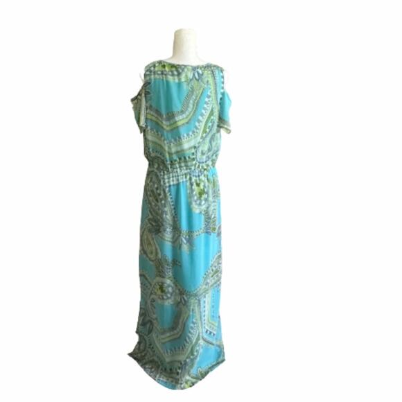 Chicos Maxi Dress Sienna Aqua Green Paisley Cold Shoulder Short Sleeve Medium - Picture 4 of 12